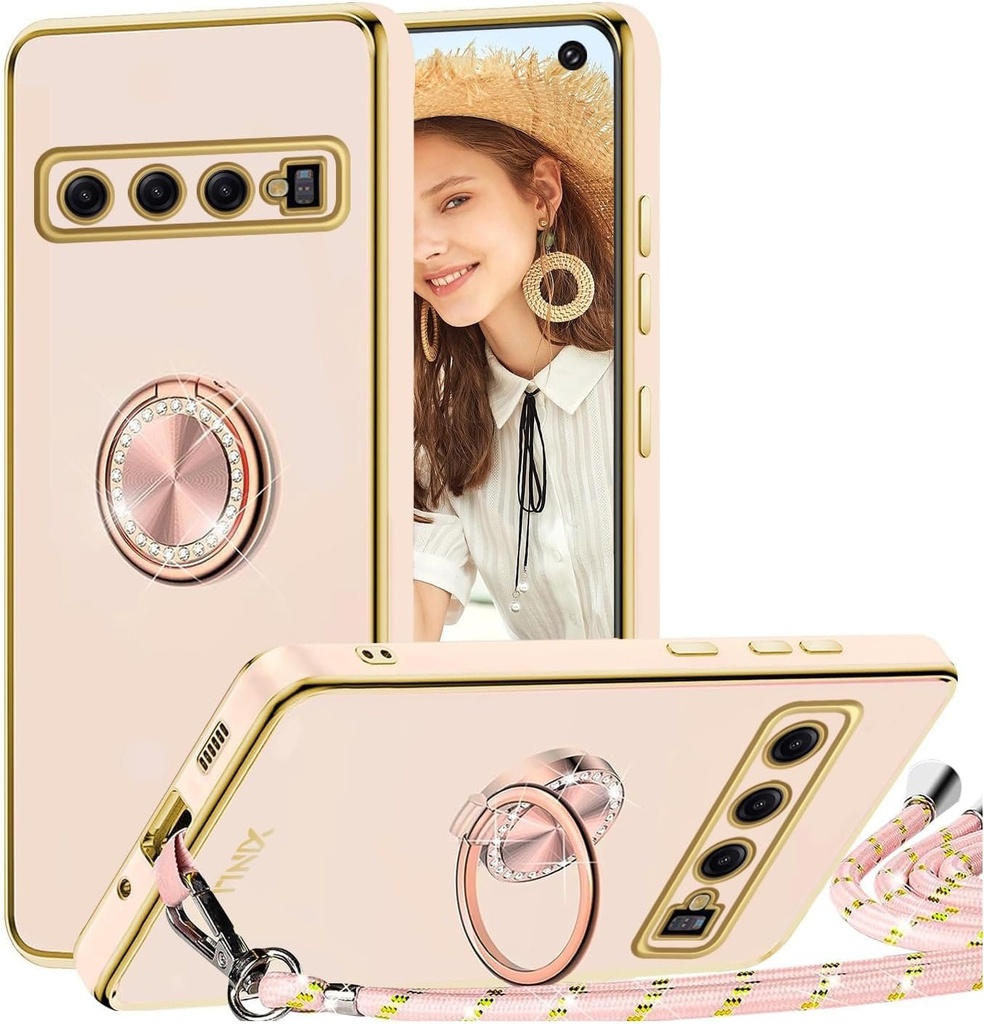 Husa TVVTPU pentru Samsung Galaxy S10 cu snur si suport pentru inel de 360 ​​de grade, husa de protectie din silicon moale TPU, antisoc, cu colier detasabil, roz