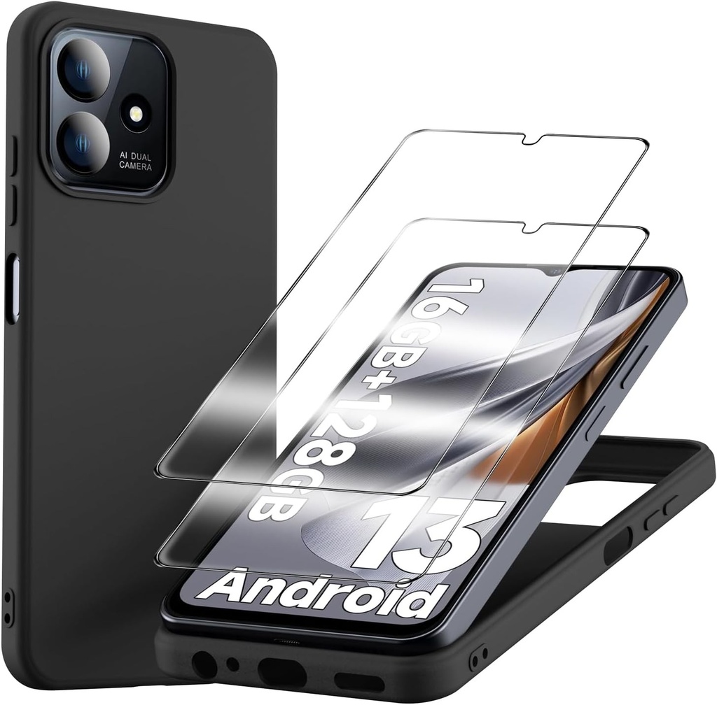 WQRTYJK Husa pentru Ulefone Note 16 Pro + 2 x Protectoare de ecran din sticla securizata, Husa moale din silicon TPU Husa anti-zgarieturi Husa rezistenta la socuri pentru Ulefone Note 16 Pro - Negru