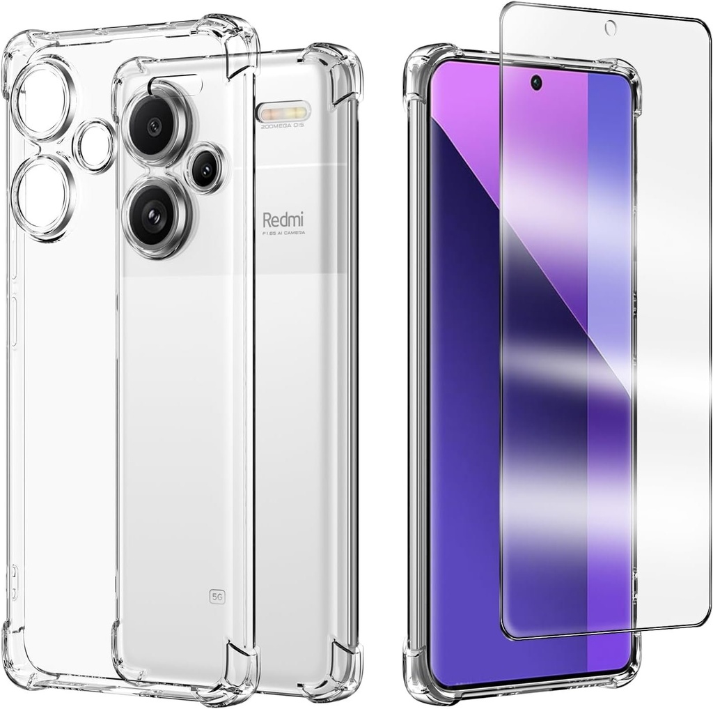 Husa pentru Xiaomi Redmi Note 13 Pro+ 5G / Note 13 Pro Plus 5G cu 1 protector de ecran din sticla securizata, husa de protectie antisoc din silicon moale TPU - transparenta