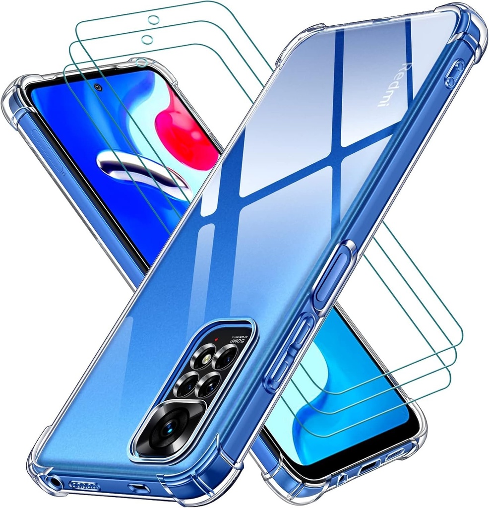 Husa iVoler pentru Xiaomi Redmi Note 11 4G / Xiaomi Redmi Note 11S 4G, husa rezistenta la socuri cu bara de protectie moale TPU si folie din sticla securizata din 3 piese, husa de protectie subtire transparenta din silicon