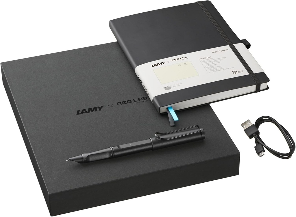 Set ncode Lamy Safari all black - stilou inteligent Safari si caiet digital A5 de 192 de pagini - scriere pe hartie reala cu procesare digitala - inclusiv reumplere M 21 neagra si cablu de incarcare