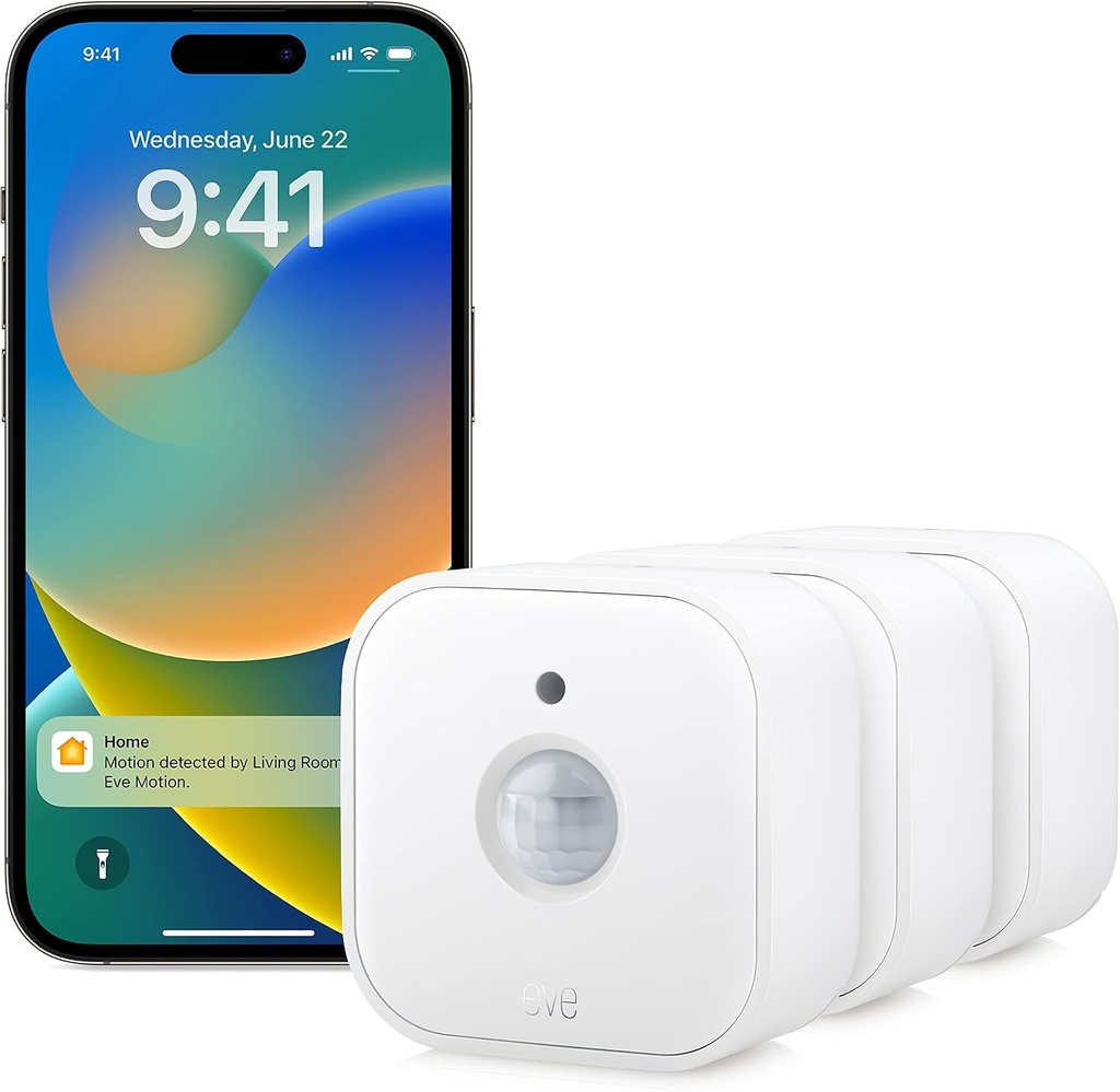 Eve Motion (Matter) Set de 3 - Senzor inteligent de miscare si lumina, interior/exterior, compatibil cu Apple HomeKit, Alexa, Google Home, SmartThings, necesita un router cu chenar cu fir