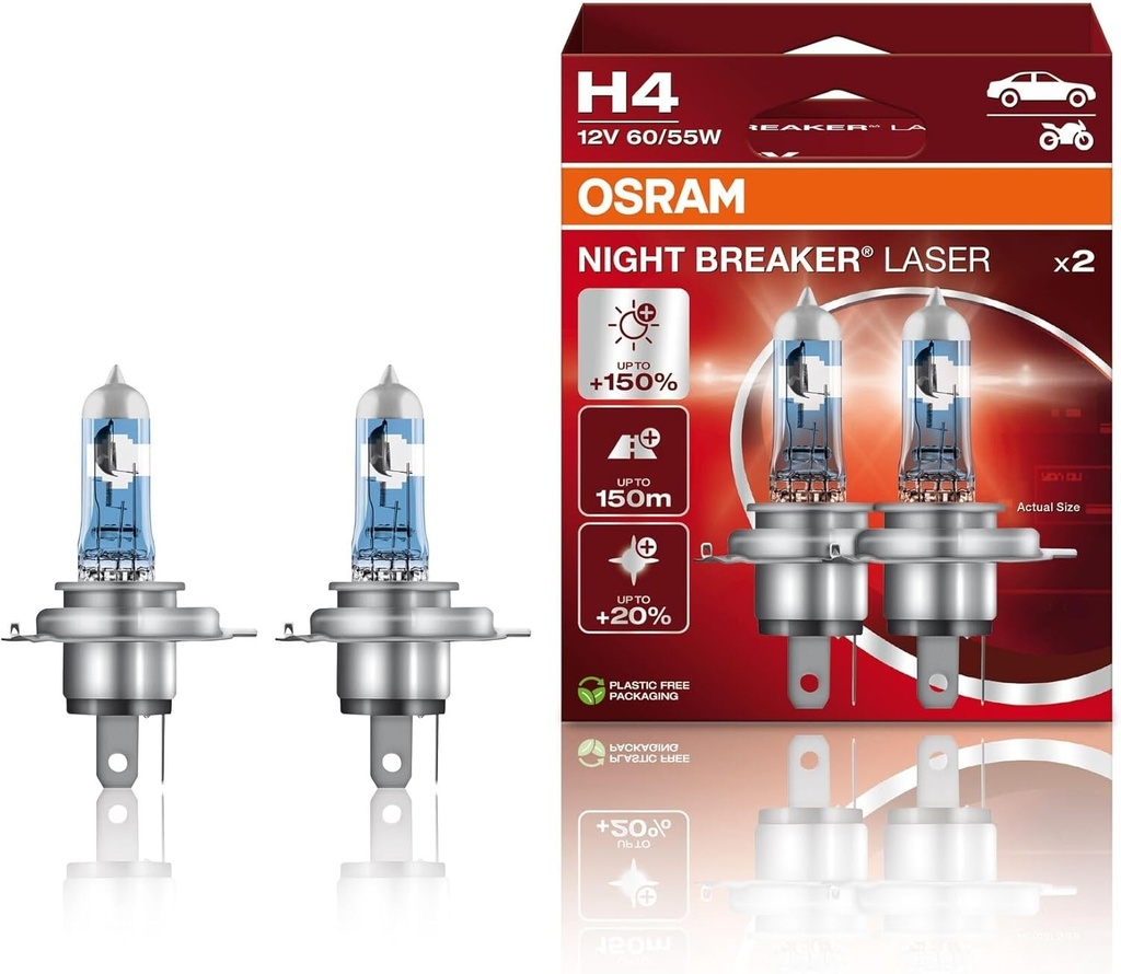 OSRAM NIGHT BREAKER LASER H4, +150% mai multa lumina in , bec far cu halogen, 64193NL-HCB, 12V, cutie dubla (2 lampi)