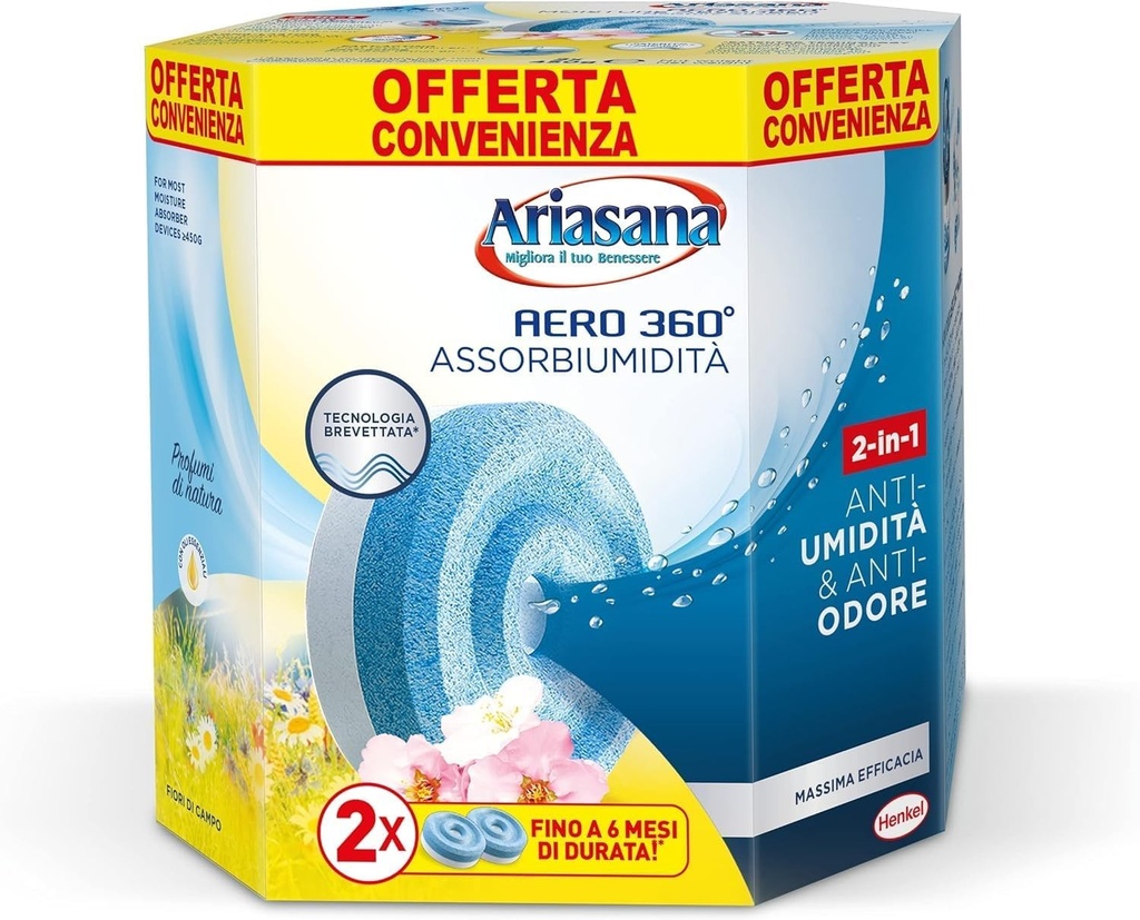 Ariasana Aero 360 Tab Wild Flowers Bipack 2x450g, Rezerva anti-umiditate Ariasana Aero 360, Rezerva Ariasana cu parfum floral, Rezerva de lunga durata Ariasana Aero 360 Tab, 1 pachet de 2 tablete