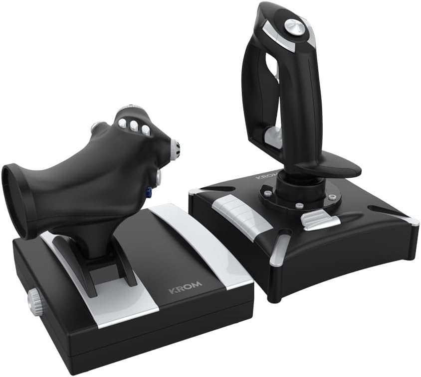 KROM K-FLIGHT - Set joystick, set joystick simulator de zbor, stick de accelerație/control, mod de vibrație internă, mâner din plastic pentru o prindere mai bună, 2 axe, 2 POV, 16 butoane, PC, PS4, Xbox One, negru