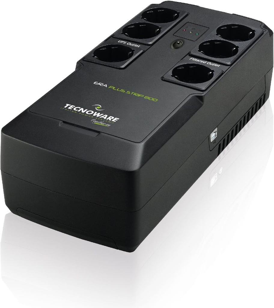Tecnoware Power Systems - UPS Era Plus Strip 800 VA, Protecție împotriva întreruperii computerului, Modem, Supraveghere video, Până la 13 min. Timp de rulare a computerului și 50 min. Router/Wi-Fi, stabilizator AVR, 6 prize Schuko