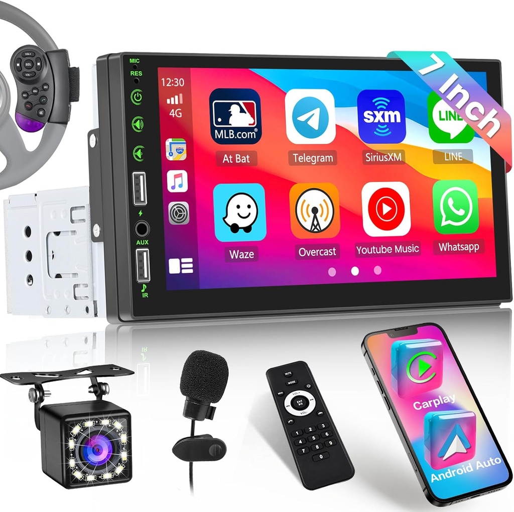 Stereo auto Inefala 1 Din cu CarPlay și Android Auto, 7 inchi HD cu ecran tactil Bluetooth Stereo auto cu asistent vocal Mirror Link Control la volan FM USB AUX-in Cameră spate