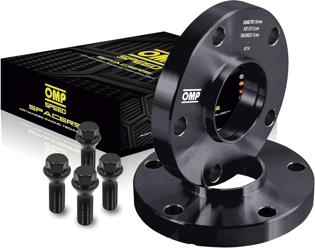 OMP Speed ​​​​Set de 2 distantieri roti (distantieri roti) Grosime centrata: 15 mm PCD: 5x108 CB: 60,1 OD: 139 suruburi x20 M12x1,5 conic + 14x1,5 conic aluminiu negru - OMPS08501501