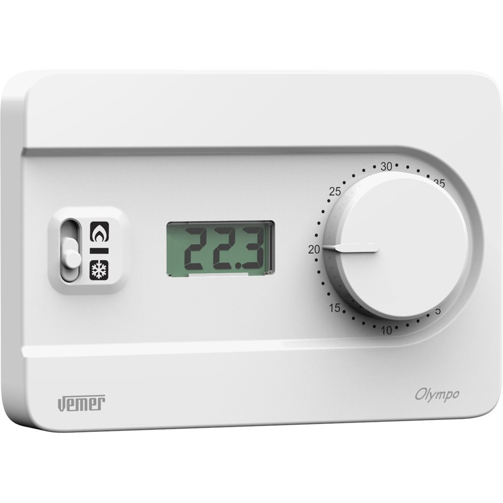 VEMER VE757700 OLYMPO LCD - Termostat de cameră de perete cu display LCD și buton pentru cazane, alimentat cu baterie, alb