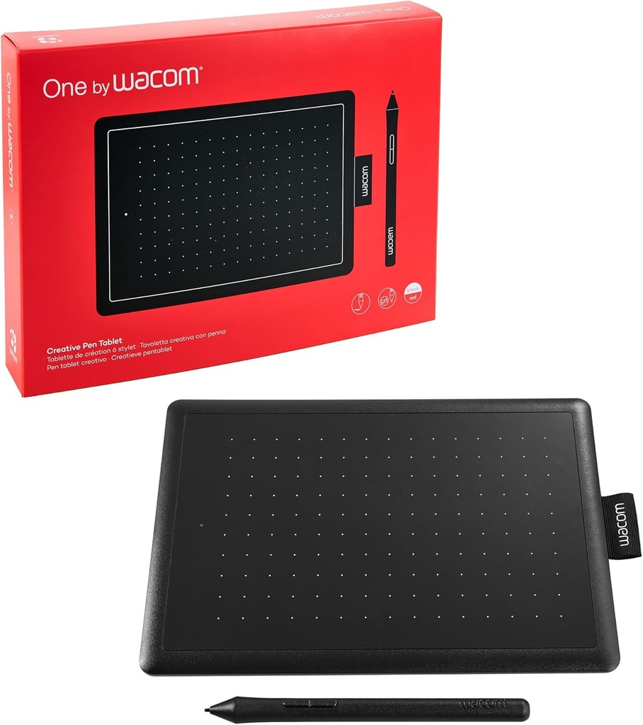 Wacom One by Wacom Small - Tabletă grafică cu stilou digital sensibil la presiune, compatibilă cu Windows, Mac și Chromebook, ideală pentru biroul acasă și e-learning, negru și roșu