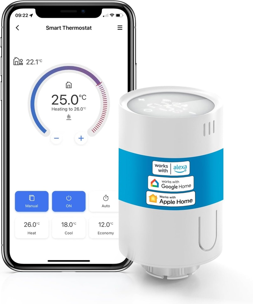 Termostat inteligent pentru radiator Meross, este necesar hub, termostat de încălzire Wi-Fi, compatibil cu HomeKit, Alexa și Asistent Google, control vocal, programare, detectare