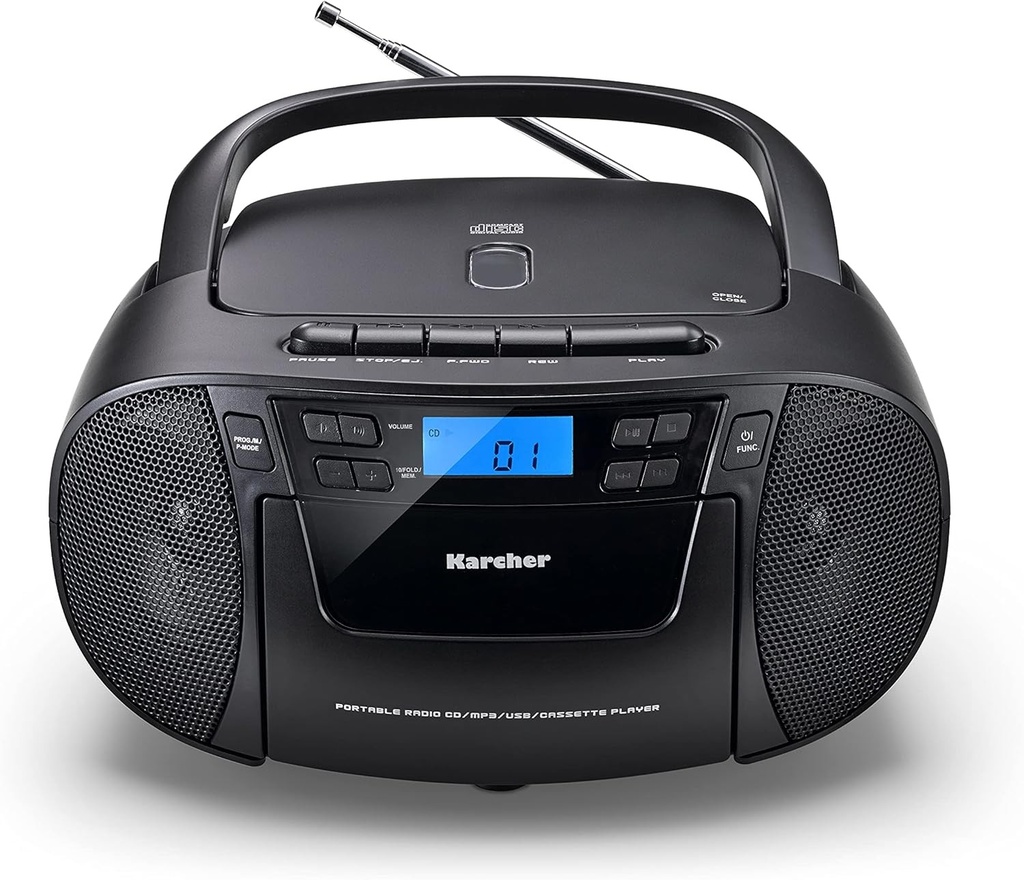Radio CD portabil Karcher RR 5045 (boombox cu CD player, caseta, radio FM, functionare la retea, USB si AUX-in) Negru