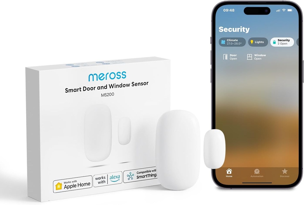 Senzor pentru uși și ferestre Meross, Hub Meross necesar, conexiune WiFi 2,4 GHz, detector pentru sistem de alarmă și automatizare pentru casă inteligentă, compatibil cu Apple Home, Alexa, SmartThings