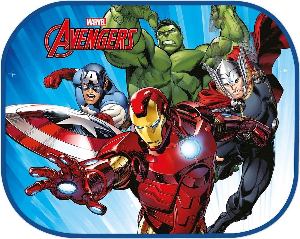 TataWay - Copertina laterala Marvel Avengers | Perdele auto cu protectie UV 44 x 35 cm | Supereroi Iron Man, Thor, Hulk, Capitanul America | Atasament pentru ventuza, poliester