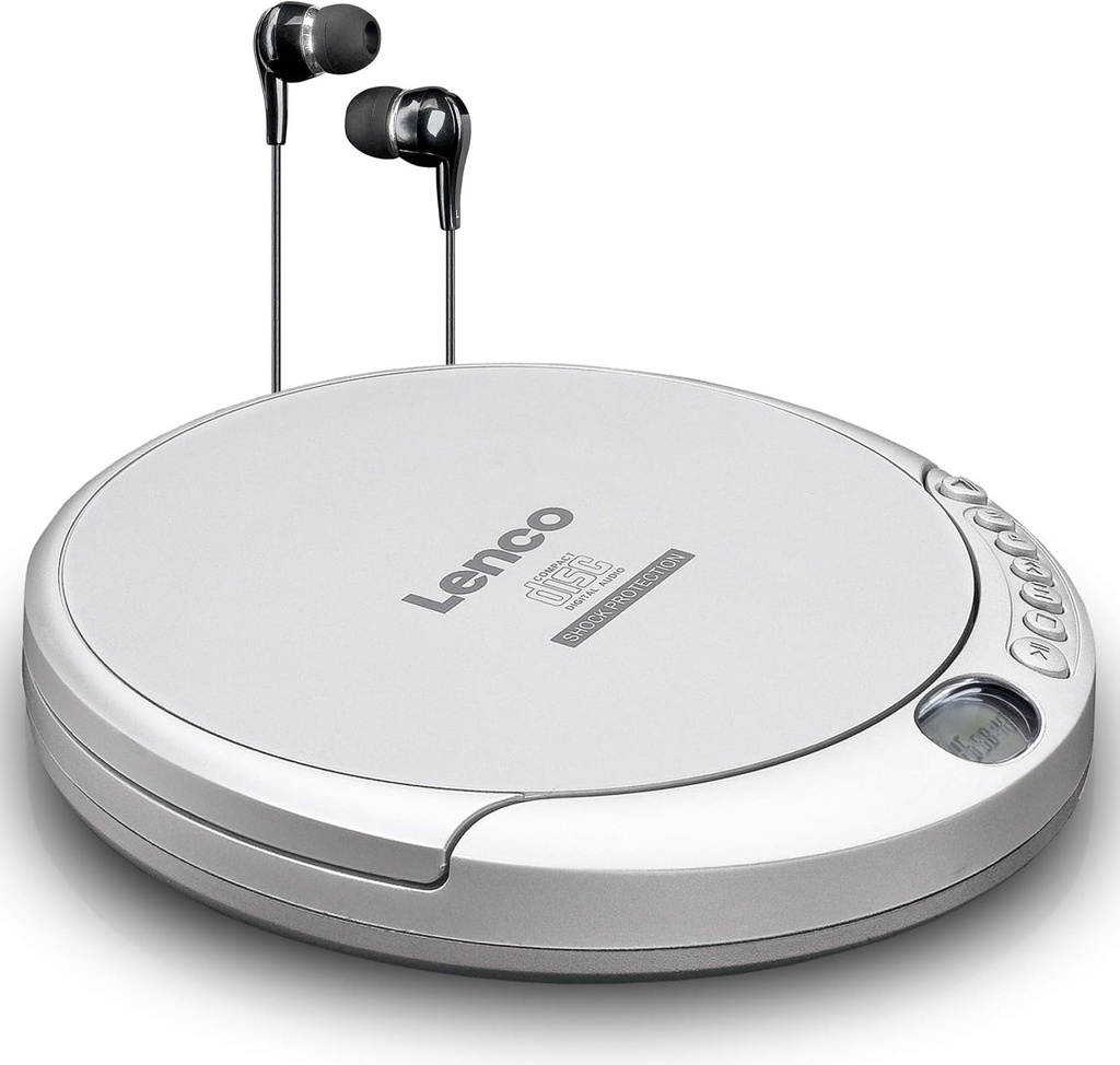 Lenco CD-201 - CD Player portabil Walkman - Diskman - CD Walkman - Functie MP3 - Antisoc - Cu casti si cablu de incarcare micro USB - Argintiu