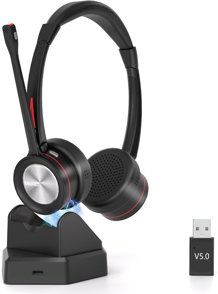 Căști fără fir Mairdi cu microfon anulare zgomot, căști stereo Bluetooth 5.2 cu stație de încărcare, cu adaptor USB Bluetooth pentru telefon mobil PC Call Center Office Zoom Microsoft Team Skype Chat