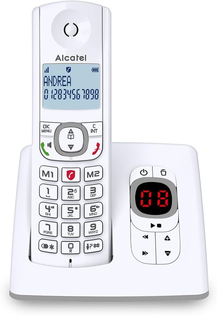 ALCATEL F530 Voce - Telefon fix DECT fara fir cu robot telefonic - Ecran mare cu iluminare din spate - Maini libere - Functie de blocare a apelurilor - 2 taste de memorie directa - Alb/Gri