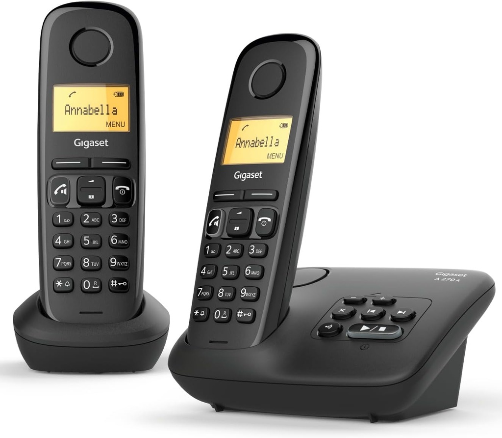Gigaset A270A Duo, Două telefoane fără fir cu robot telefonic pentru până la 25 de minute - Apeluri fără mâini - Apeluri interne, Transfer apel, negru (versiunea italiană)