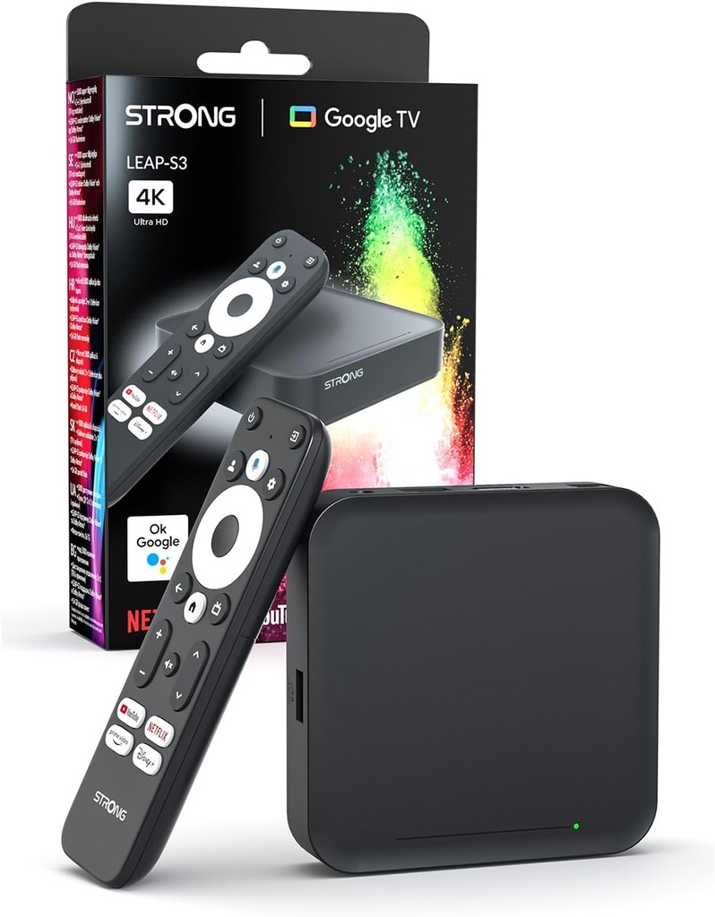 STRONG LEAP-S3 | Google TV Box cu Android 11 | Rezoluție 4K UHD | Telecomandă vocală Bluetooth și Asistent Google | Chromecast | Magazin Google Play | Netflix | Prime Video | Disney+ și multe altele.