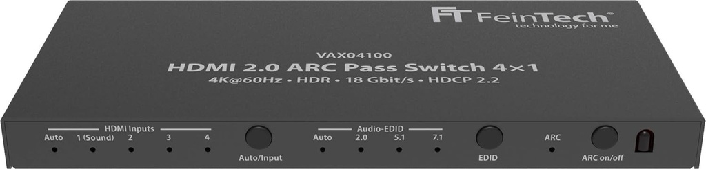FeinTech VAX04100 Switch HDMI 2.0 ARC Pass 4x1, pentru 3 surse HDMI, bara de sunet si proiector TV 4K@60Hz | HDR | 18 Gbps | HDCP 2.2 Dolby Atmos