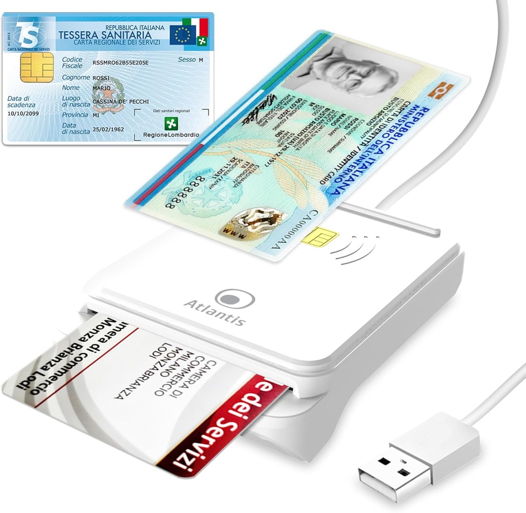 Cititor Atlantis CIE 3.0 pentru cărți de identitate electronice și carduri de sănătate italiene, cititor de carduri inteligente CNS pentru cardul serviciilor naționale, potrivit pentru INPS, Agenția de venituri, INAIL, dosare medicale