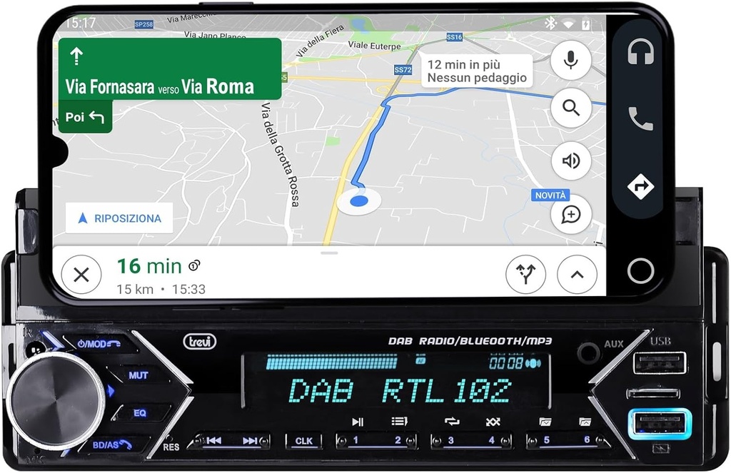 Radio auto Trevi SCD 5753 DAB 160W DAB DAB+ FM, intrari USB, Micro SD, AUX-IN, Bluetooth, Antena DAB inclusa, Suport smartphone pe panoul frontal