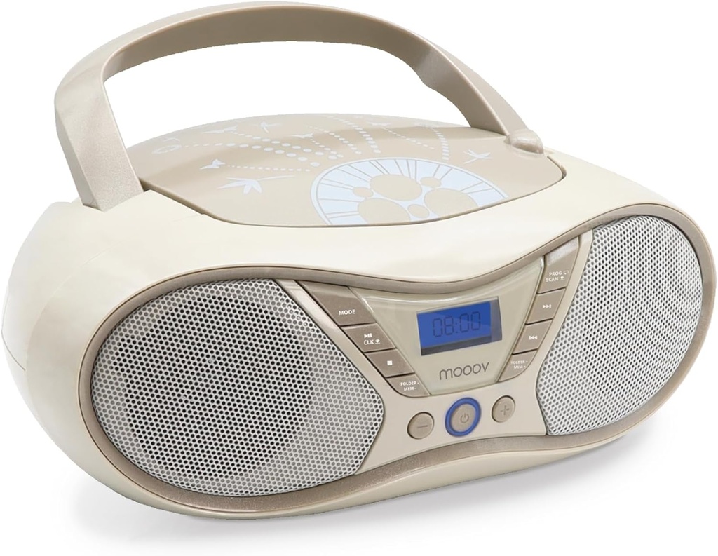 MOOOV Soft Grey, CD player portabil, redare CD-R/CD-RW/CD-MP3, radio FM, port USB, sunet stereo de 6 W, mâner ergonomic, funcționare la rețea sau la baterie – 477403