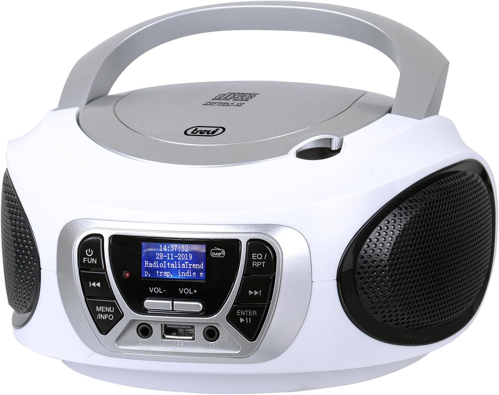 Trevi CMP 510 DAB, stereo portabil, radio cu CD player, radio MP3, DAB+ / FM, intrari USB si AUX-IN, afisaj digital cu matrice de puncte LED cu lizibilitate ridicata, antena telescopica reglabila, alb