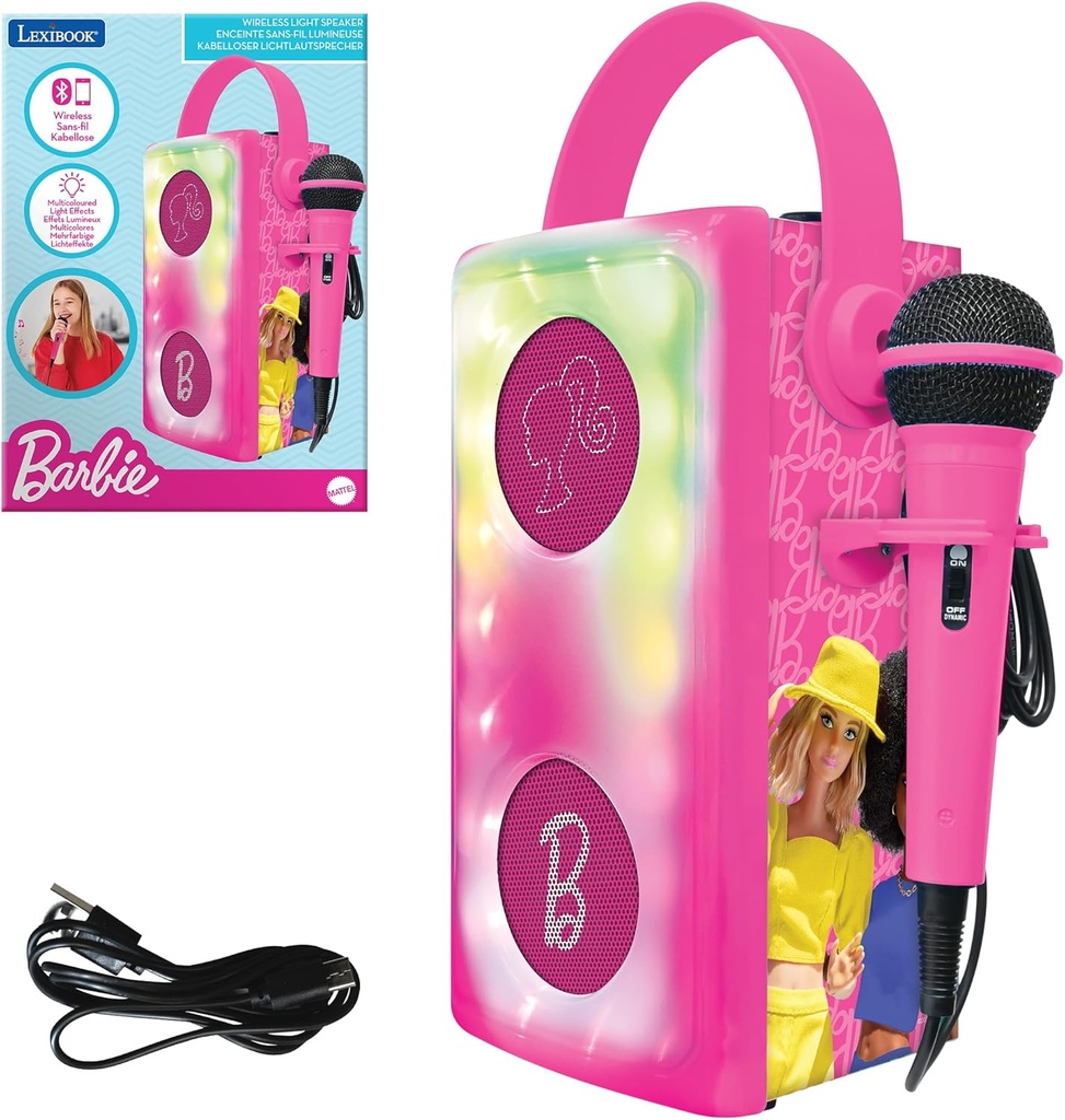 Lexibook, Barbie, difuzor wireless Bluetooth® cu microfon, efecte de lumină multicolore, slot pentru card SD/TF, baterie reîncărcabilă, roz, BTP185BBZ