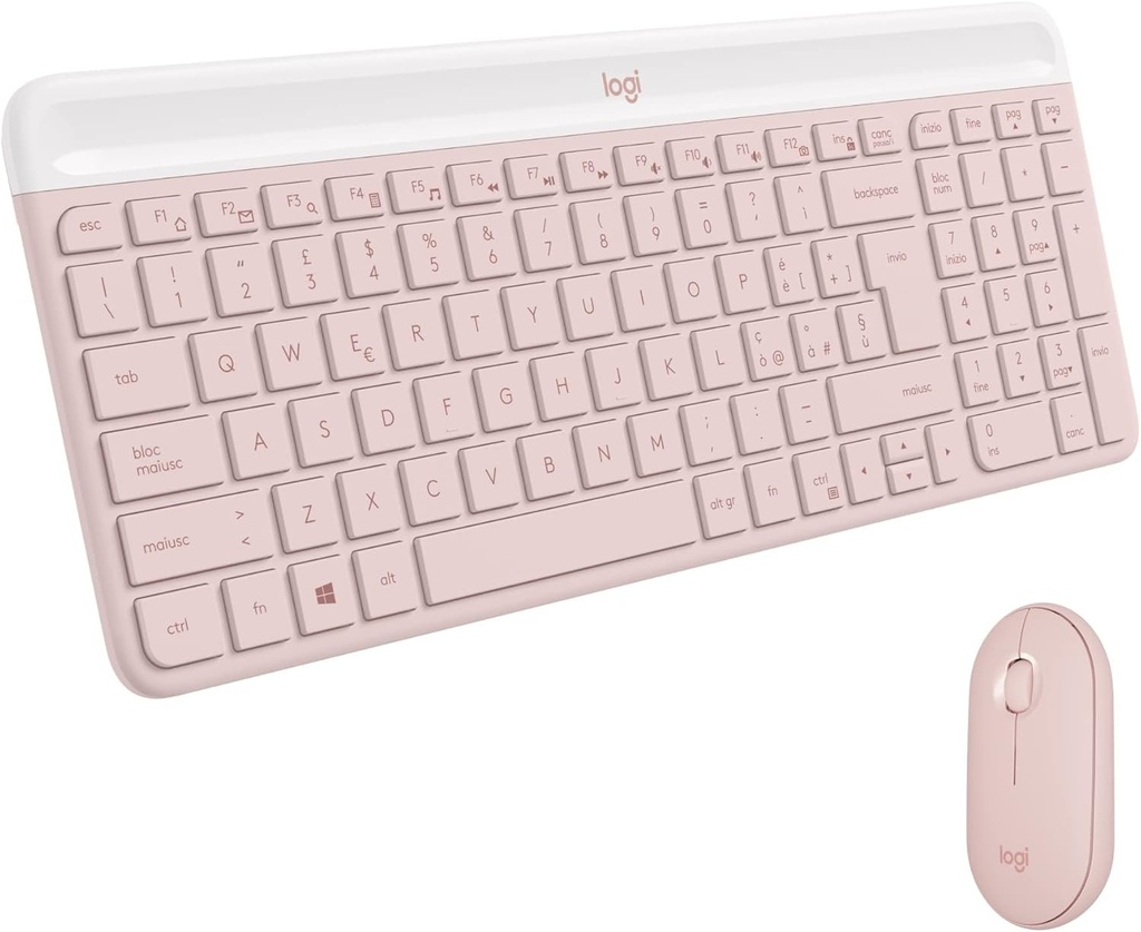 Logitech MK470 Slim Wireless Keyboard and Mouse Combo - Aspect compact, Ultra-Silentios, Receptor USB de 2,4 GHz, Conectivitate Plug n' Play, Compatibil cu Windows, QWERTY Italian - Roz