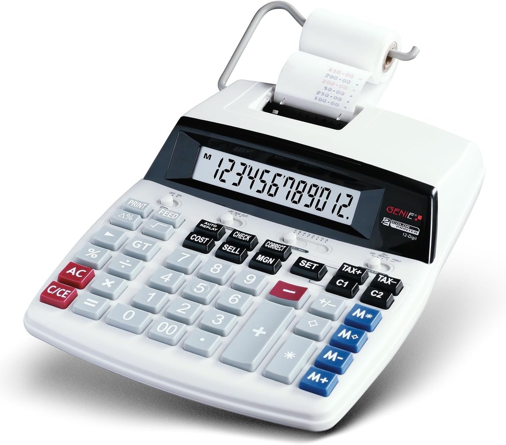 Calculator de imprimare Genie D69 Plus | Ecran LCD cu 12 cifre | Calculator cu rola de hartie | Imprimanta de chitante si bilete | Calculator de buzunar cu rola de hartie | Multe caracteristici de afaceri | Alb