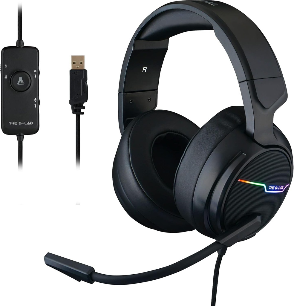 Casti de jocuri G-Lab Korp Thallium USB 7.1 Sunet surround digital - Microfon pentru casti de jocuri audio de inalta calitate - Microfon cu anulare a zgomotului - LED RGB - Compatibil cu PC PS4 PS5 (negru)