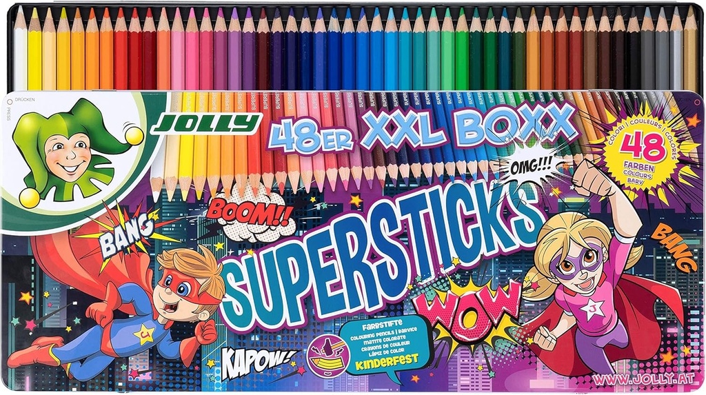 Creioane colorate JOLLY Supersticks Kinderfest XXL Box Version 1, Creioane colorate rezistente la rupere si non-toxice, Fabricate in Austria, 48 de creioane