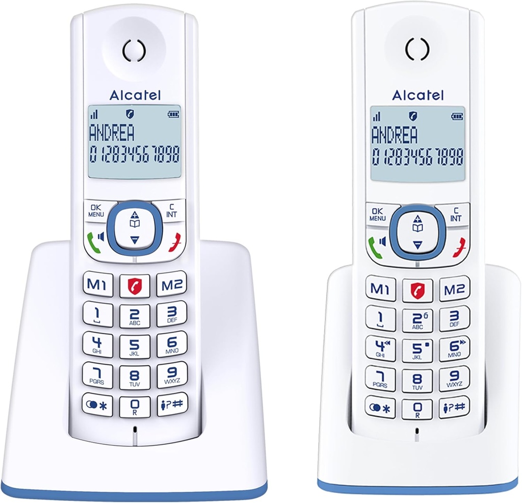 ALCATEL F530 Duo - Telefon fix DECT fără fir - Ecran mare cu iluminare din spate - Mâini libere - Funcție de blocare a apelurilor - 2 taste de memorie directă - 2 receptoare - Alb/Albastru