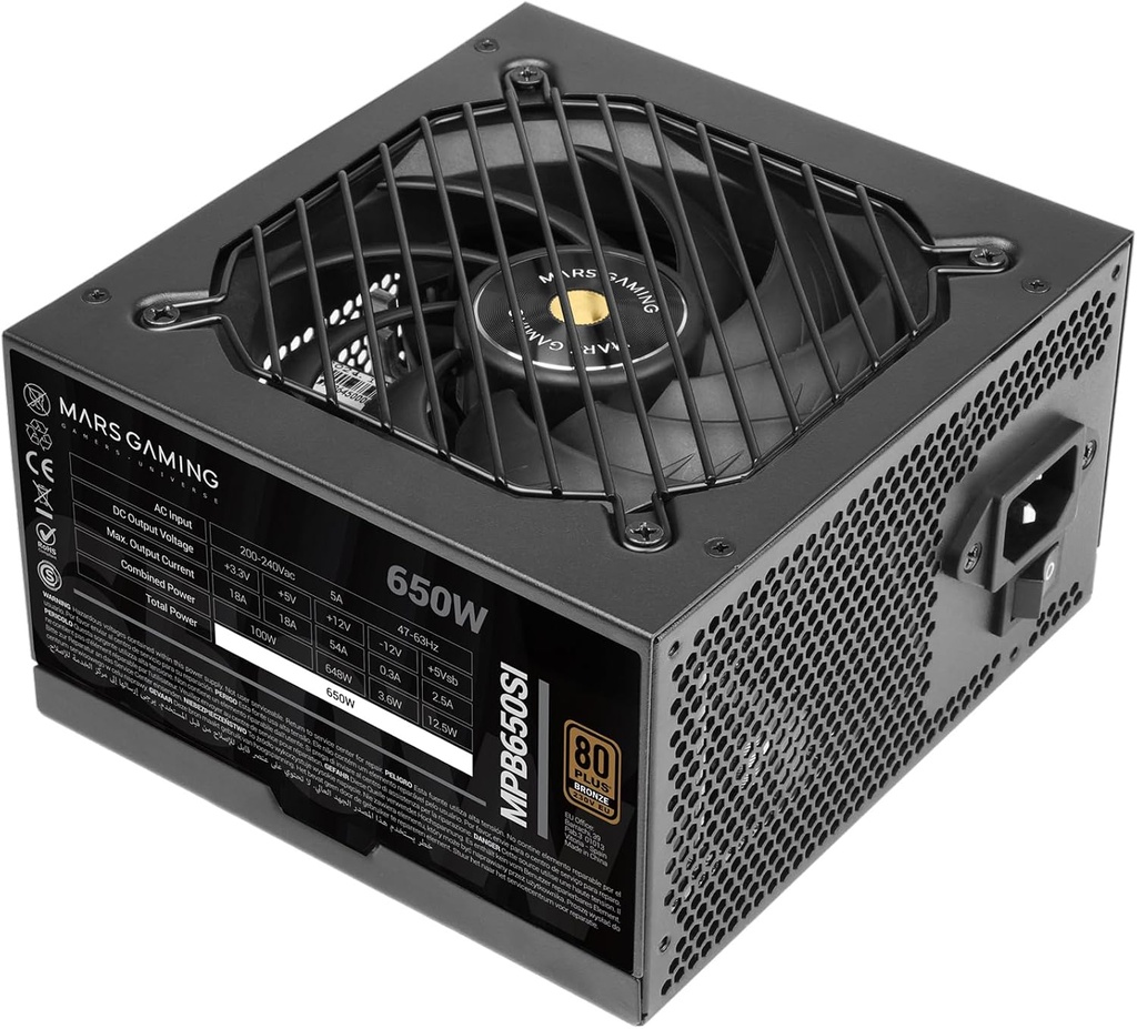 Mars Gaming MPB650SI, sursă de alimentare ATX PC de 650 W, 7 ani garanție, 80Plus Bronze 230 V, eficiență 90%, ventilator SI Extreme Silence cu miez de cupru, tehnologii AI2-RPM, DC-DC și SMD, negru