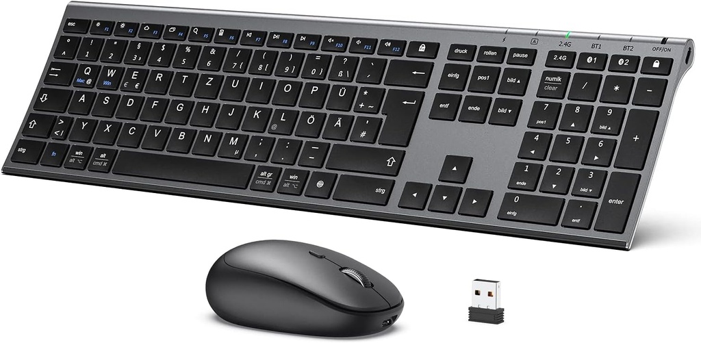Tastatură și mouse iClever, combinație wireless reîncărcabilă în mod dublu (Bluetooth 4.2+2.4G), ultrasubțire, multifuncțională pentru Mac, iPad, Apple, Android, Windows... (gri)