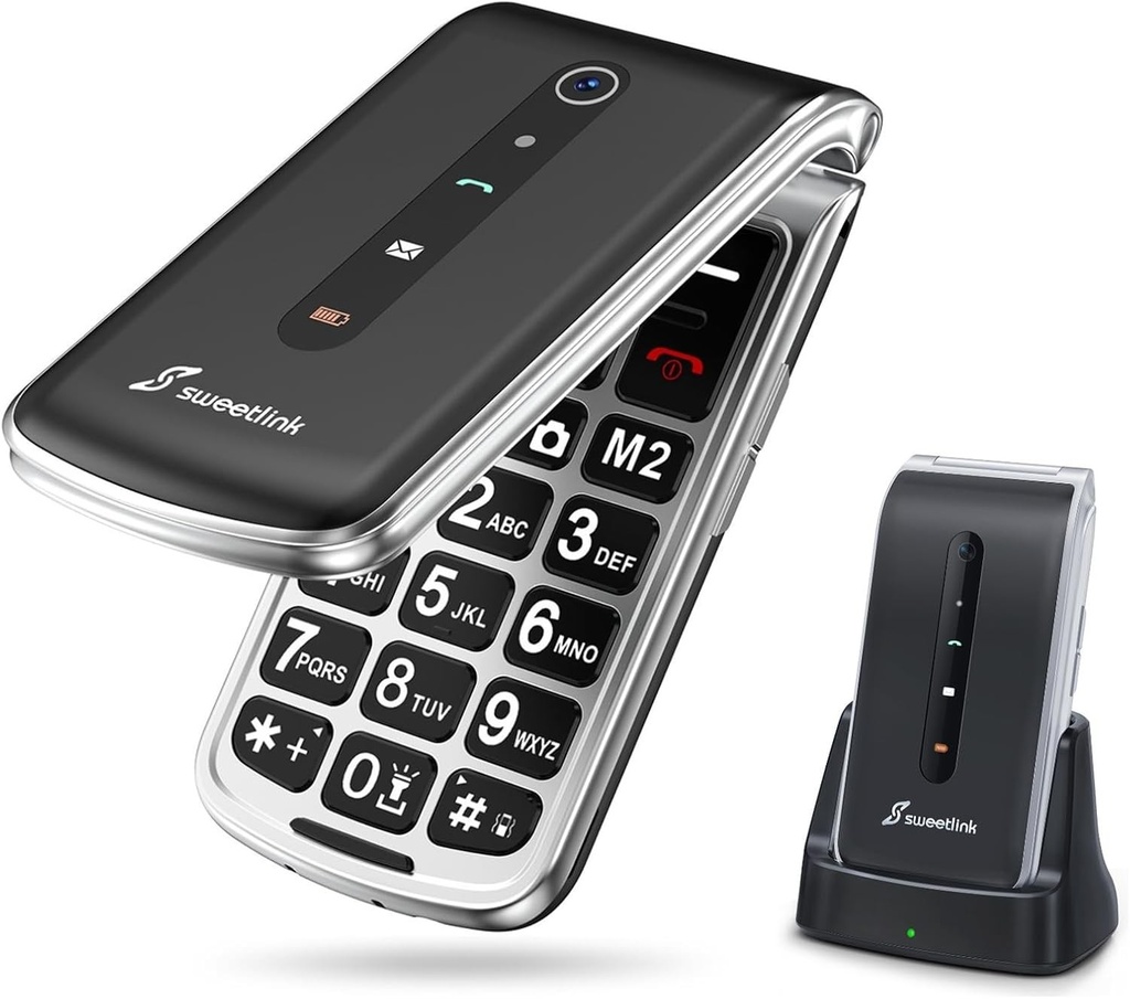 SweetLink F1PLUS 2G GSM deblocat telefon mobil pentru seniori cu butoane mari, apel de urgenta SOS, baterie de 1000 mAh, lanterna, radio FM, ecran color de 2,4 inchi, negru