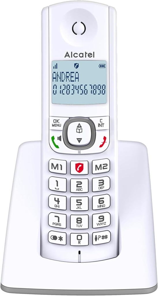 ALCATEL F530 - Telefon fix DECT fără fir - Ecran mare cu iluminare din spate - Mâini libere - Funcție de blocare a apelurilor - 2 taste de memorie directă - Alb/Gri