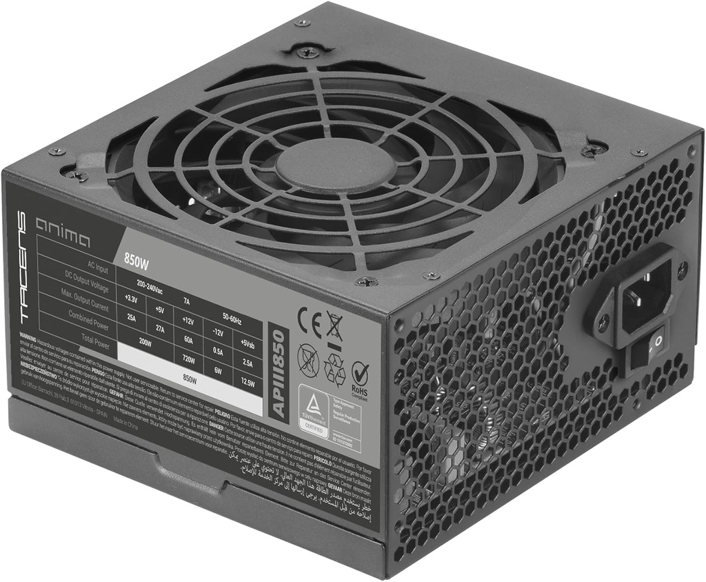 Tacens Anima APIIII850, sursa de alimentare PC ATX 850W, tehnologii SMD si DC-DC, eficienta 85% 12V, ventilator ultra-silentios de 12cm, cablu plat extra-lung, negru
