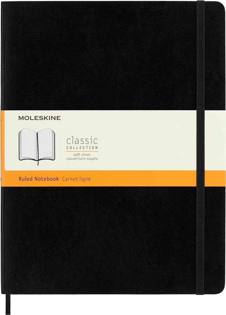 Moleskine - Caiet clasic cu hartie in dungi - Jurnal cu coperta moale cu inchidere elastica - Negru - Extra Large 19 x 25 cm - 192 pagini