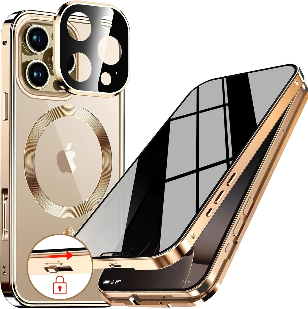 Husa magnetica de confidentialitate de 360 ​​de grade pentru iPhone 16 Pro Max 6,9 inchi [Protector de lentile incorporat] Husa de protectie cu ecran de sticla 9H integrat, - auriu