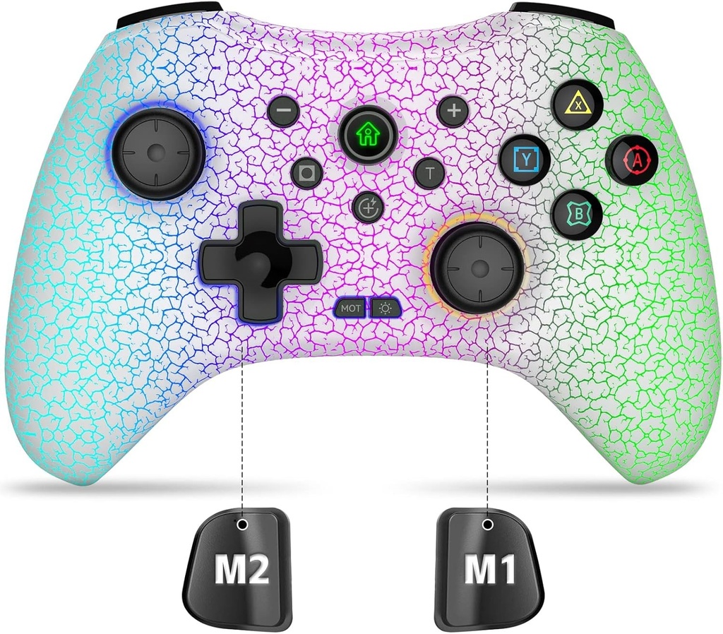 Controler wireless pentru Switch/Lite/OLED, PS3/PS4/PS5, controler Bluetooth pentru Windows PC/IOS/Android/Steam cu culori RGB cool/programabile/Motion Control/Vibrazione/Turbo/Wake