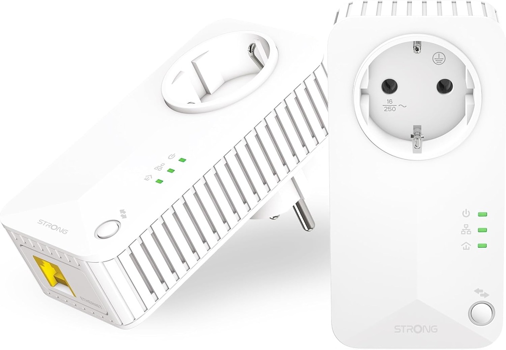 PUTERNIC - Powerline 600 Duo EU - 2 adaptoare de 600 Mbps - Acces rapid la Internet - Priză Schuko Pass-Through - Rază de acțiune 300 m - Pentru toate modemurile/routerele - Ethernet - Instalare ușoară - Alb