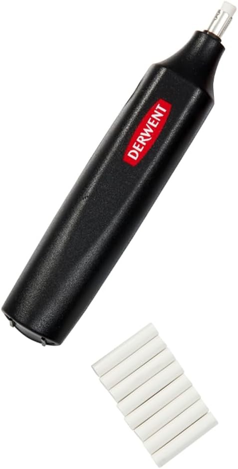 Stilo de sters Derwent, care functioneaza cu baterii, include 8 radiere de reincarcare, potrivit pentru creioane grafit, colorate si pastel, calitate profesionala, 2301931, negru
