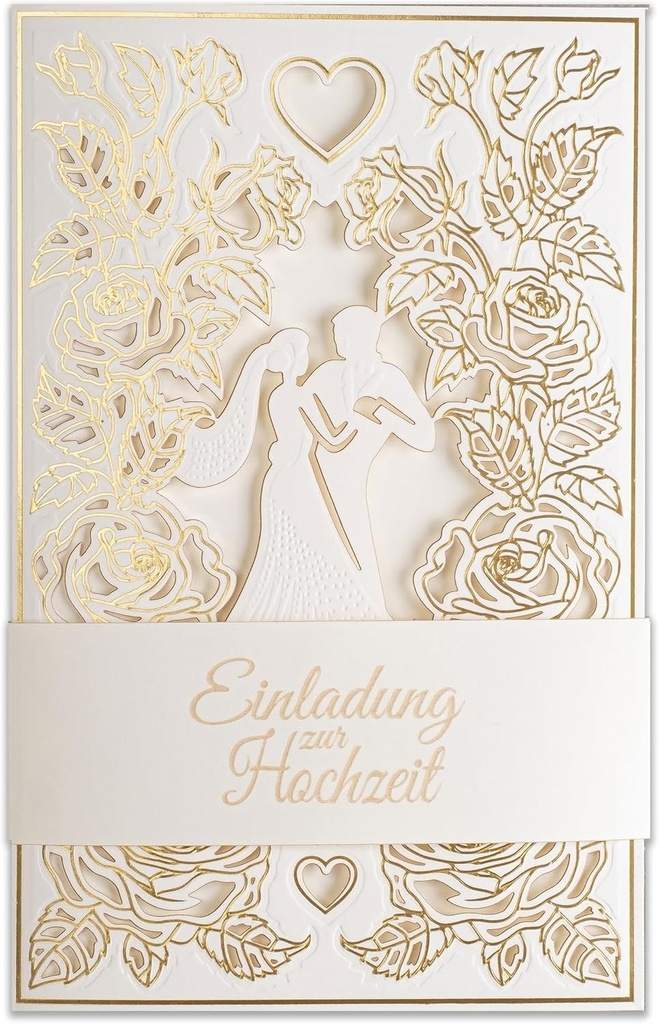Invitatii de nunta Art Nuvo - 20 buc. 130x205mm, cu insertii imprimabile si plicuri pentru nunti, taiate cu laser, finisate cu folie aurie. Model presat cu inscriptii gravate ZAP_DE_09