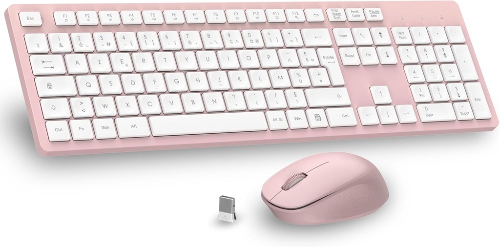 Combo mouse cu tastatura fara fir LeadsaiL, mouse combinat ergonomic cu tastatura de dimensiune completa, 2,4 GHz cu receptor USB, 12 butoane programabile pentru PC, laptop, Windows, Mac AZERTY French-Pink