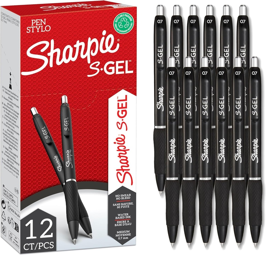 Pixuri cu gel SHARPIE S-Gel | Varf mediu (0,7 mm) | Pixuri gel cu cerneala neagra | Pachet 12