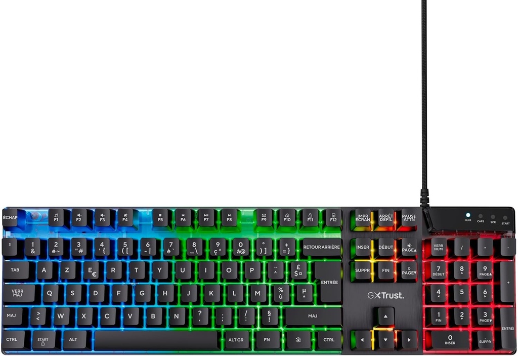 Trust Gaming GXT 835 Azor Tastatura pentru jocuri cu fir AZERTY Franceza, Iluminare LED curcubeu, Mod joc, 8 taste anti-fantasma, Tastatura pentru jocuri cu membrana USB, PC/Laptop - Negru