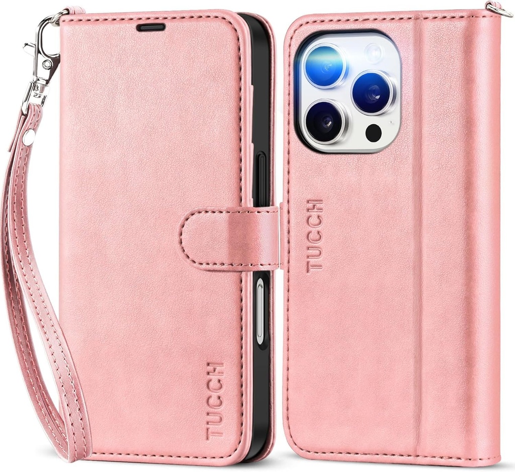 Husa TUCCH pentru iPhone 16 Pro Husa cu curea [Blocator RFID] Husa pentru telefon rezistenta la socuri TPU [Slot pentru card] [Functie suport] Husa de protectie din piele sintetica compatibila cu iPhone 16 Pro 5G 2024 (6,3 inchi), auriu roz