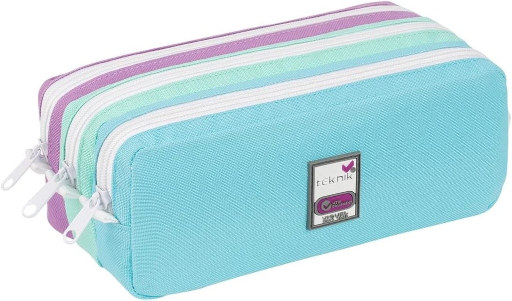 Viquel - Toc de creion pentru copii Teknik Pastel School - Poliester 600D durabil - 3 compartimente, 3 fermoare si snur - Petice decorativ - Albastru/Verde si Mov
